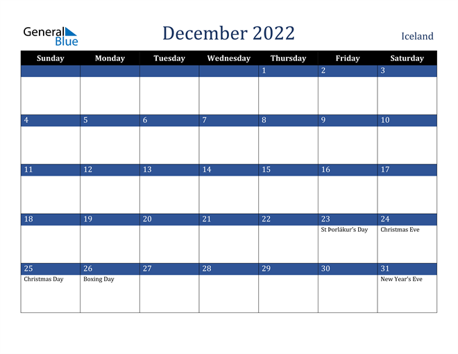 December 2022 Iceland Calendar
