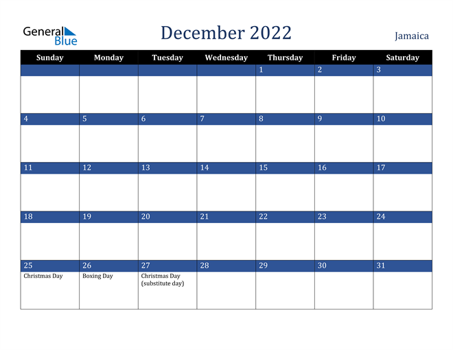 December 2022 Jamaica Calendar
