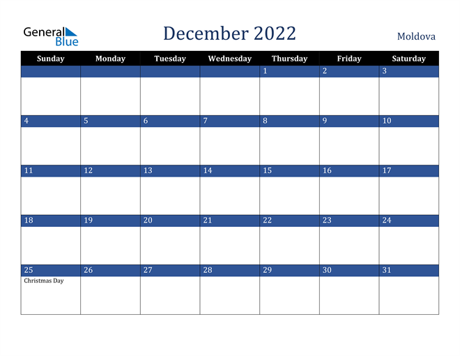 December 2022 Moldova Calendar