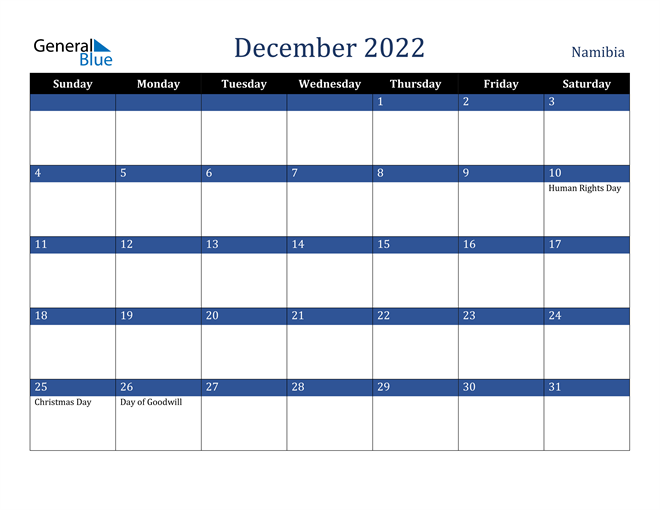 December 2022 Namibia Calendar