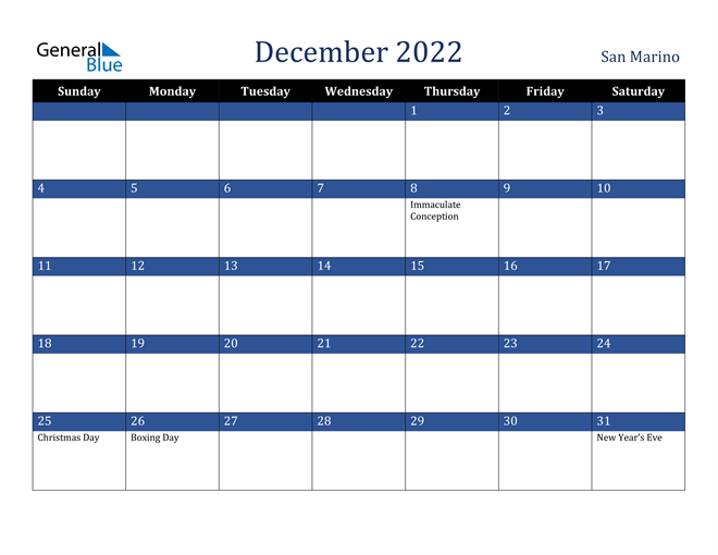 December 2022 San Marino Calendar