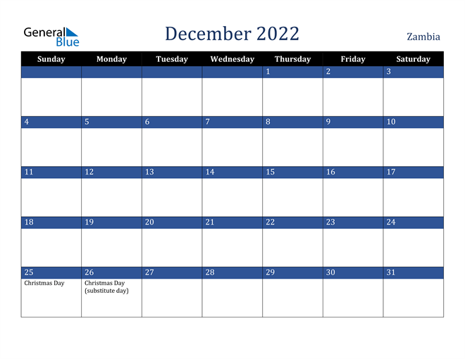 December 2022 Calendar with Zambia Holidays