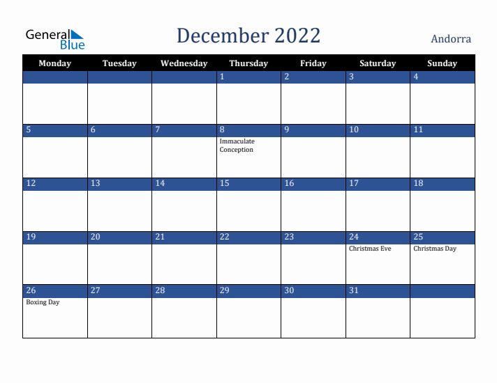 December 2022 Andorra Calendar (Monday Start)