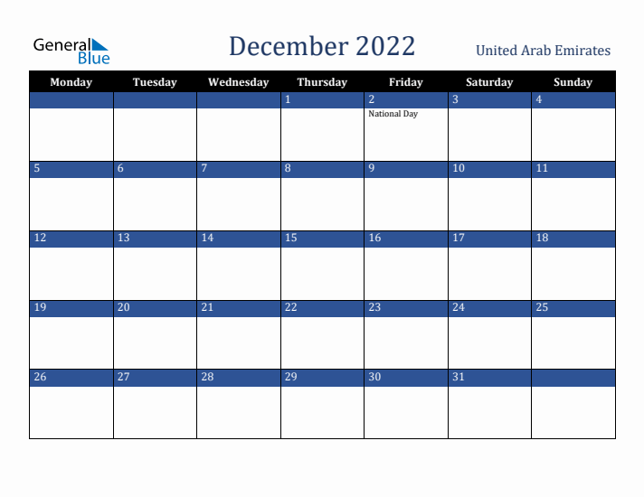 December 2022 United Arab Emirates Calendar (Monday Start)