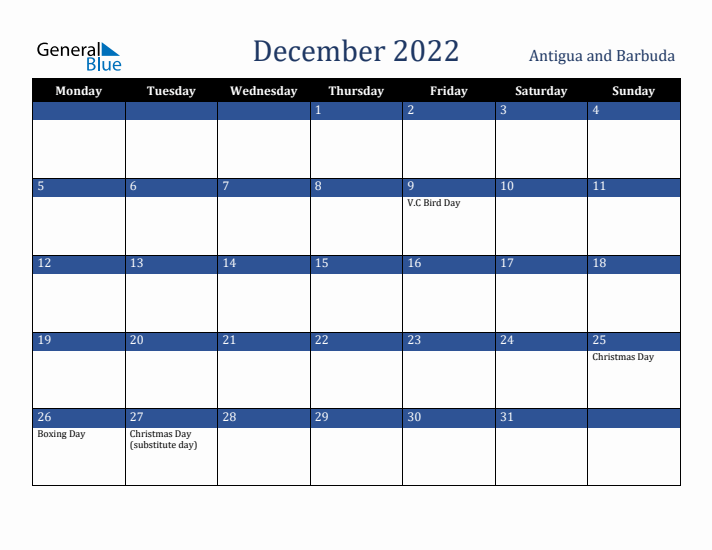 December 2022 Antigua and Barbuda Calendar (Monday Start)