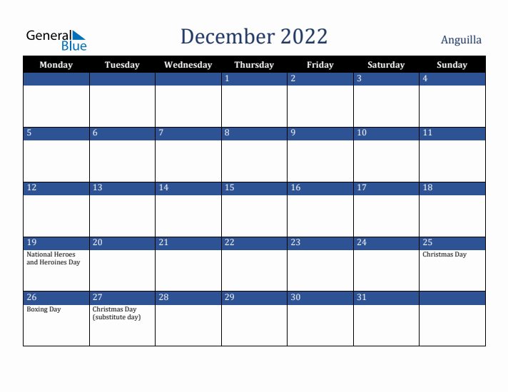 December 2022 Anguilla Calendar (Monday Start)