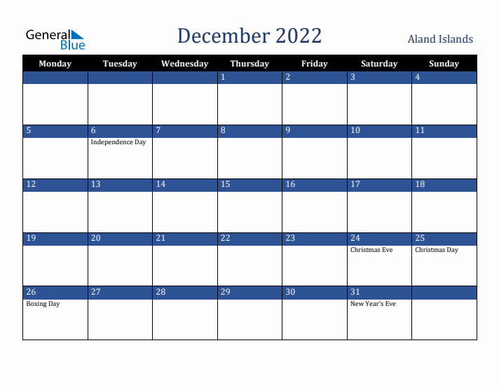 December 2022 Aland Islands Calendar (Monday Start)