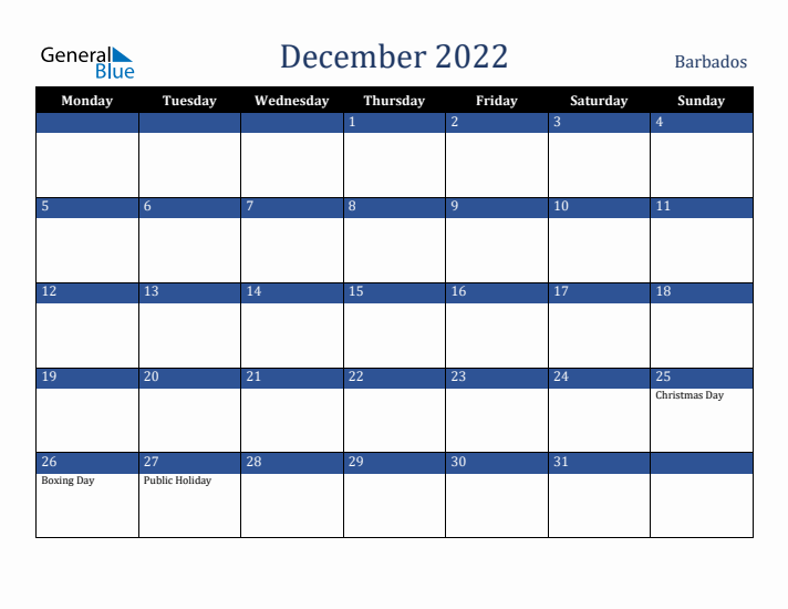December 2022 Barbados Calendar (Monday Start)