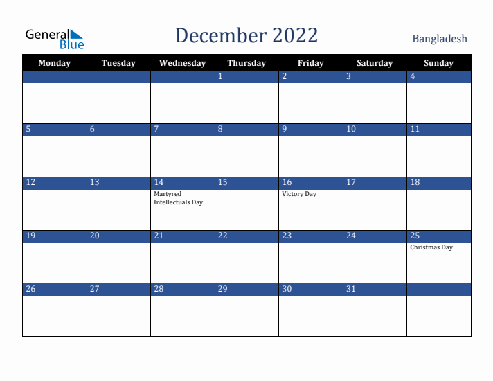 December 2022 Bangladesh Calendar (Monday Start)
