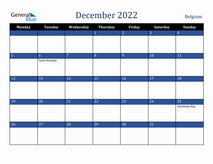 December 2022 Belgium Calendar (Monday Start)