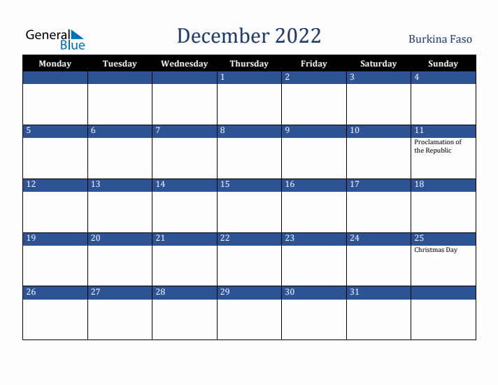 December 2022 Burkina Faso Calendar (Monday Start)