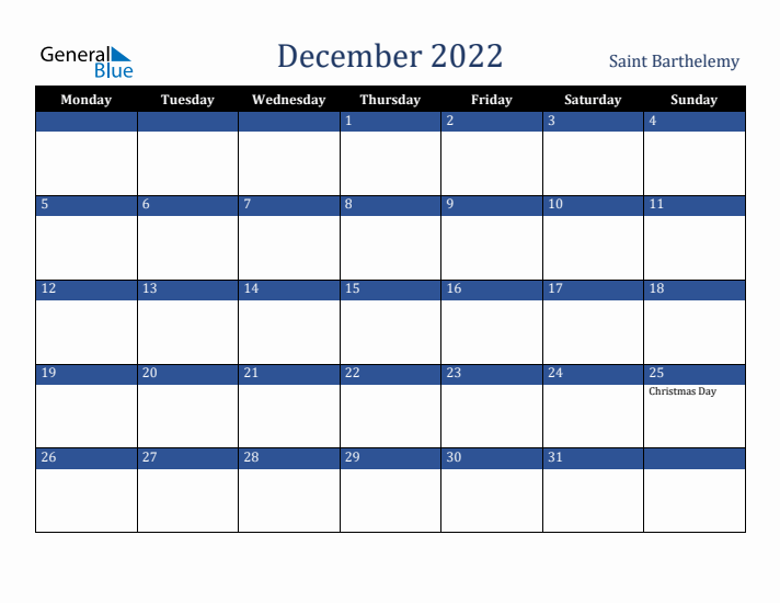 December 2022 Saint Barthelemy Calendar (Monday Start)