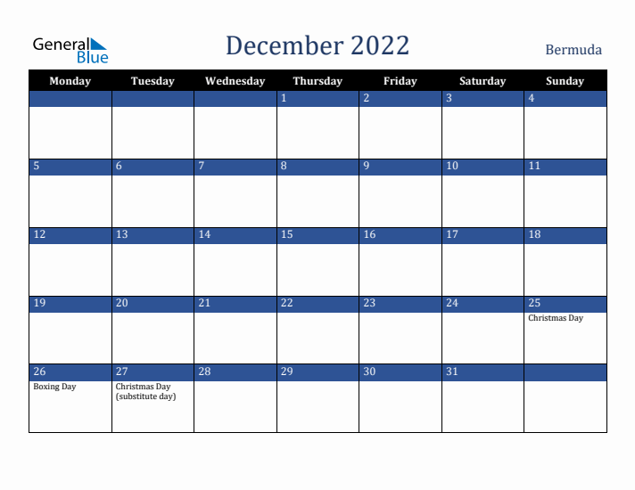 December 2022 Bermuda Calendar (Monday Start)