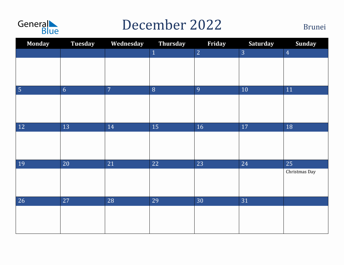 December 2022 Brunei Holiday Calendar