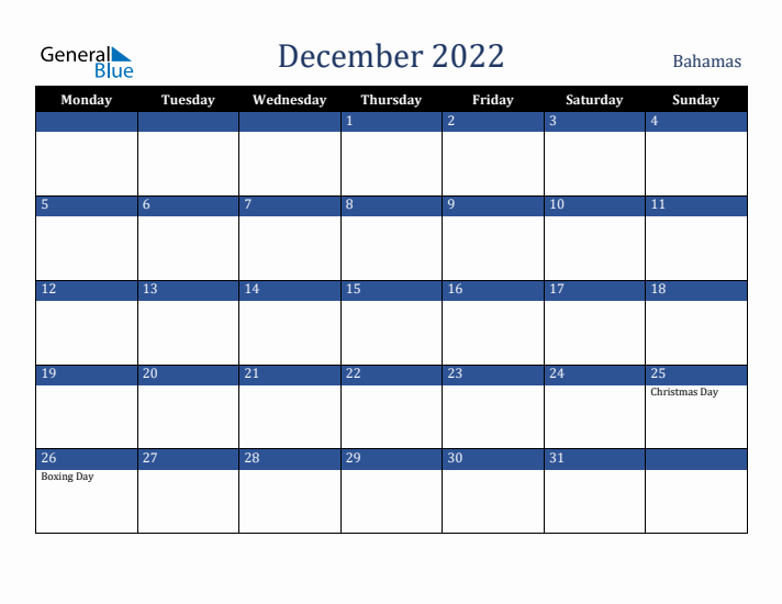 December 2022 Bahamas Calendar (Monday Start)