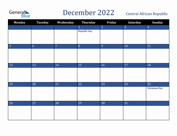 December 2022 Central African Republic Calendar (Monday Start)