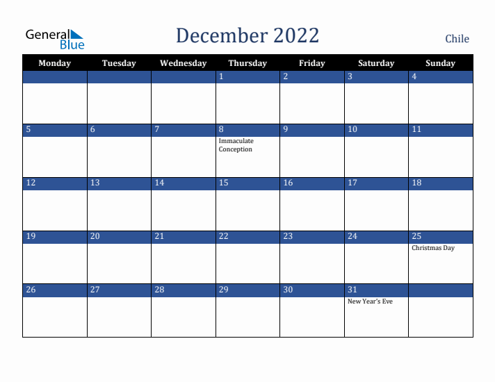 December 2022 Chile Calendar (Monday Start)
