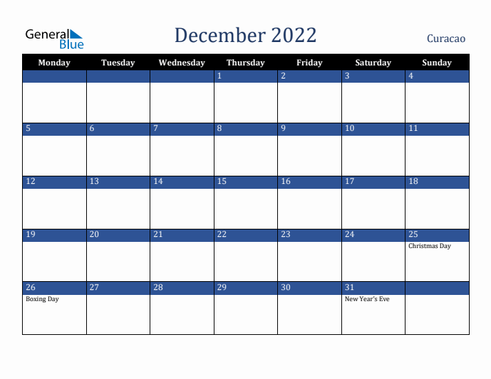 December 2022 Curacao Calendar (Monday Start)