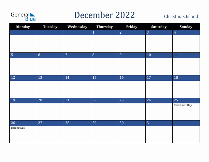December 2022 Christmas Island Calendar (Monday Start)