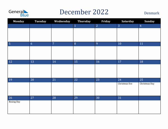 December 2022 Denmark Calendar (Monday Start)
