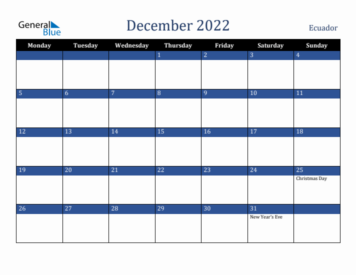 December 2022 Ecuador Calendar (Monday Start)