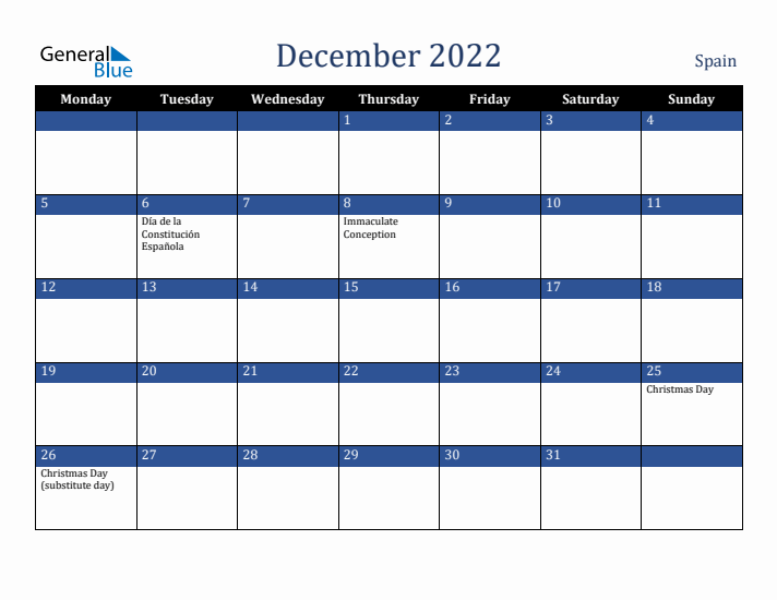 December 2022 Spain Calendar (Monday Start)