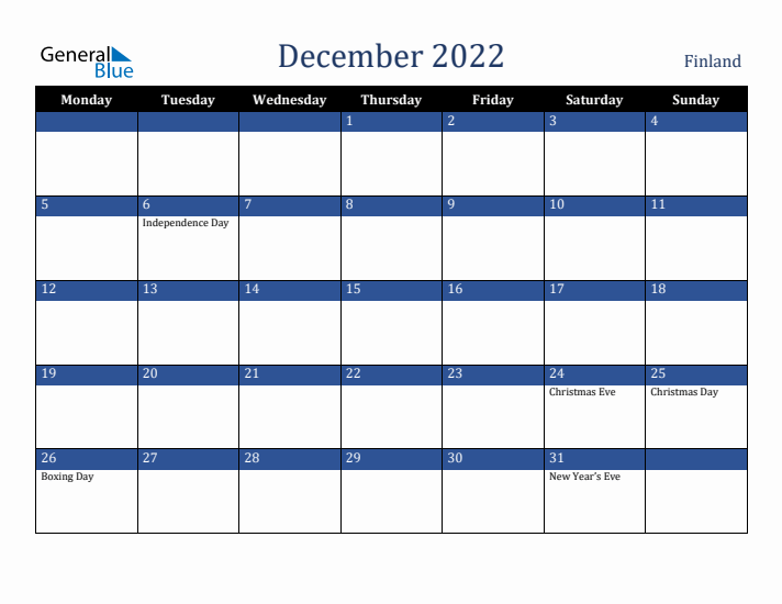 December 2022 Finland Calendar (Monday Start)