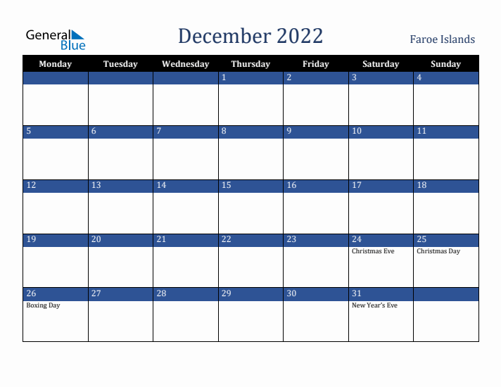 December 2022 Faroe Islands Calendar (Monday Start)