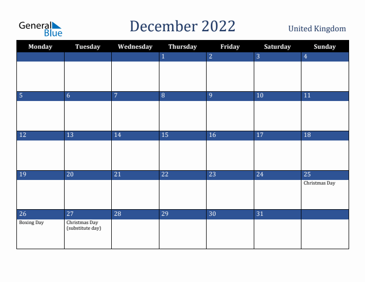 December 2022 United Kingdom Calendar (Monday Start)