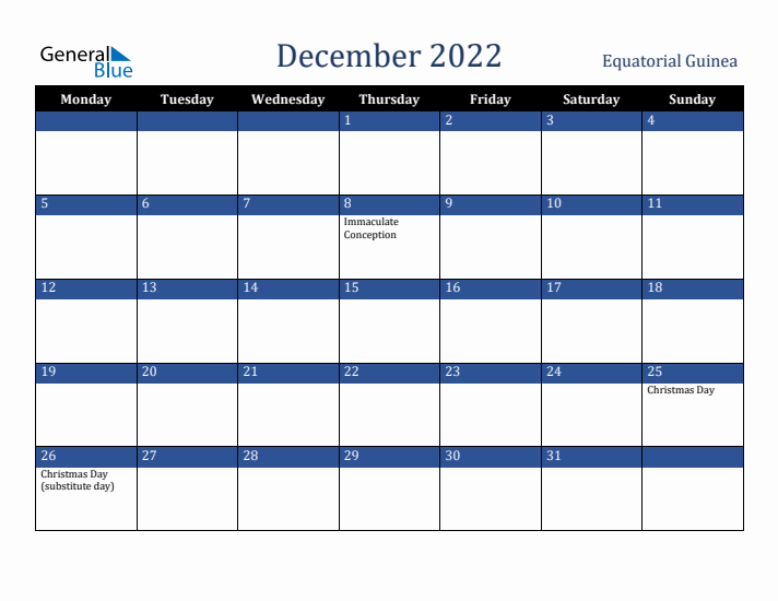 December 2022 Equatorial Guinea Calendar (Monday Start)
