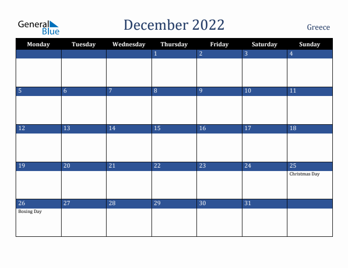 December 2022 Greece Calendar (Monday Start)