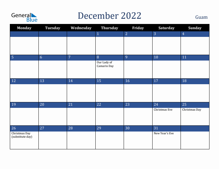 December 2022 Guam Calendar (Monday Start)