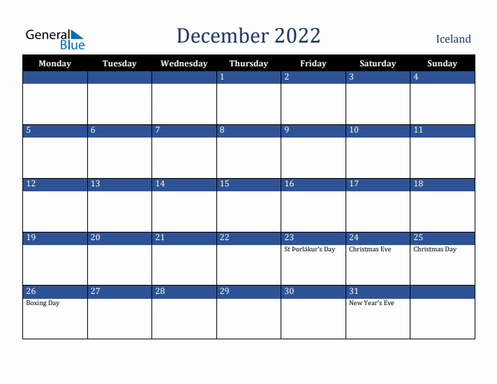 December 2022 Iceland Calendar (Monday Start)