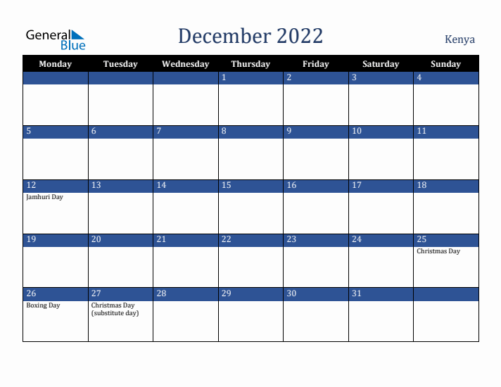 December 2022 Kenya Calendar (Monday Start)