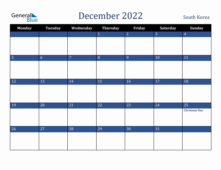 December 2022 South Korea Calendar (Monday Start)