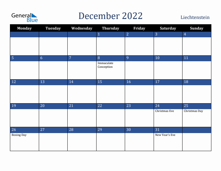 December 2022 Liechtenstein Calendar (Monday Start)