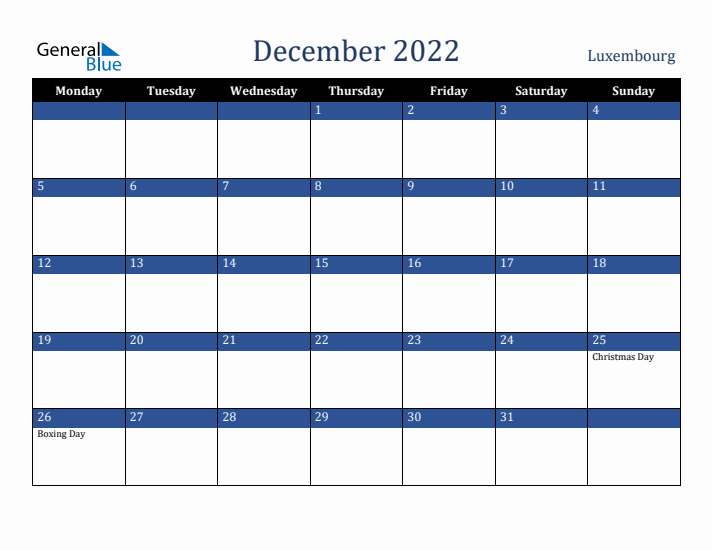 December 2022 Luxembourg Calendar (Monday Start)
