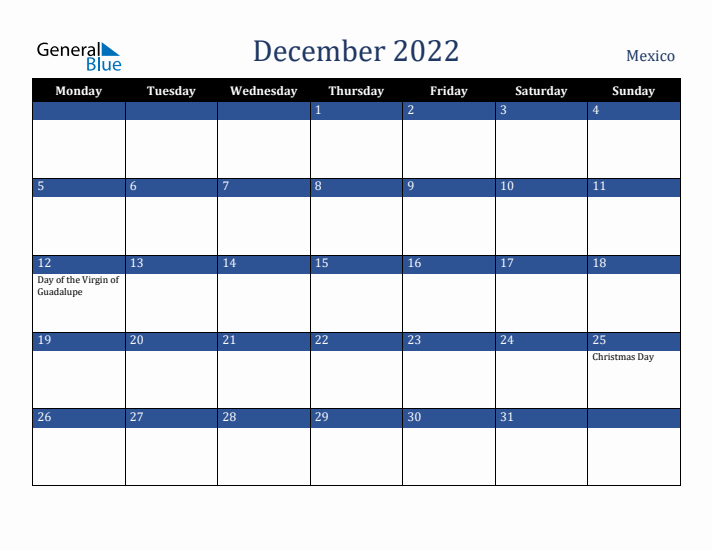 December 2022 Mexico Calendar (Monday Start)