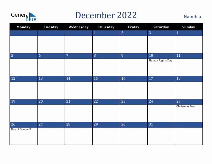 December 2022 Namibia Calendar (Monday Start)