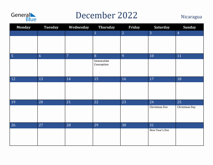December 2022 Nicaragua Calendar (Monday Start)