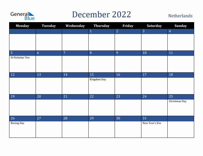 December 2022 The Netherlands Calendar (Monday Start)