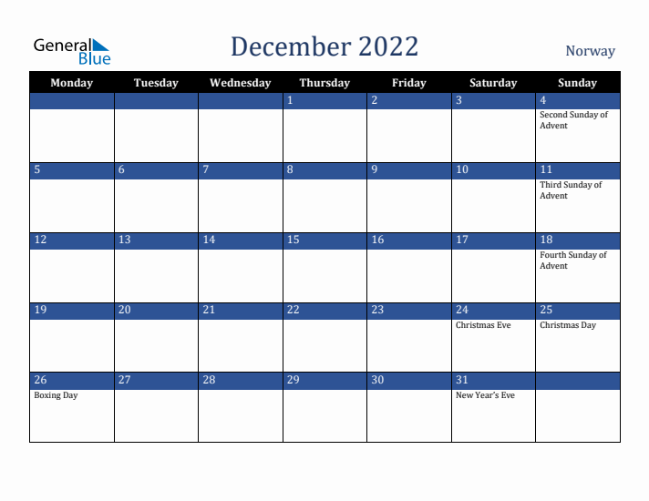 December 2022 Norway Calendar (Monday Start)