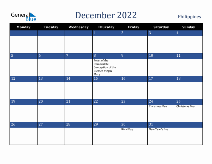 December 2022 Philippines Calendar (Monday Start)