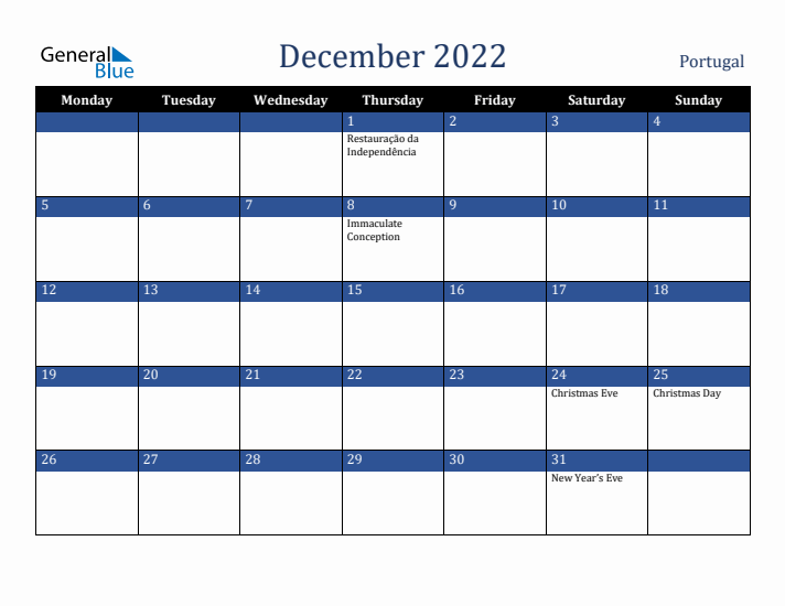 December 2022 Portugal Calendar (Monday Start)