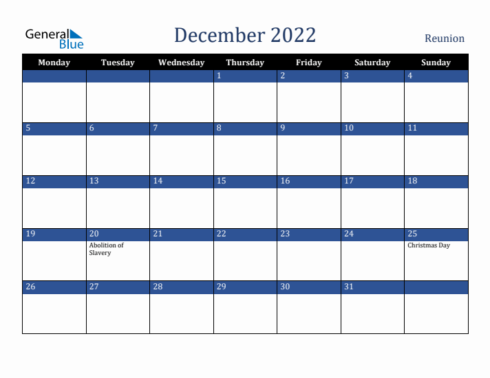 December 2022 Reunion Calendar (Monday Start)
