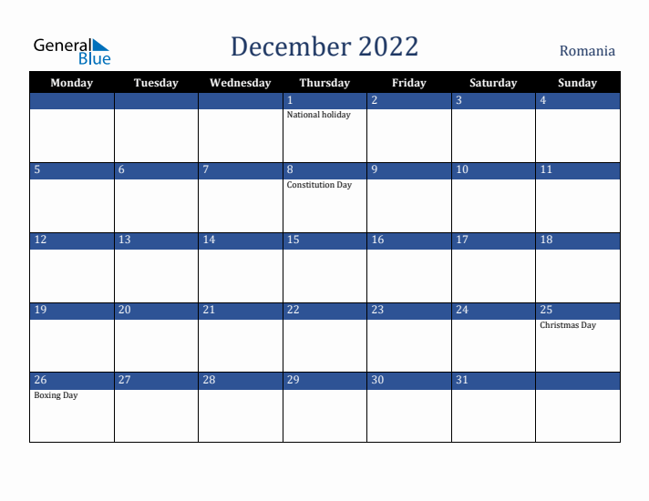 December 2022 Romania Calendar (Monday Start)