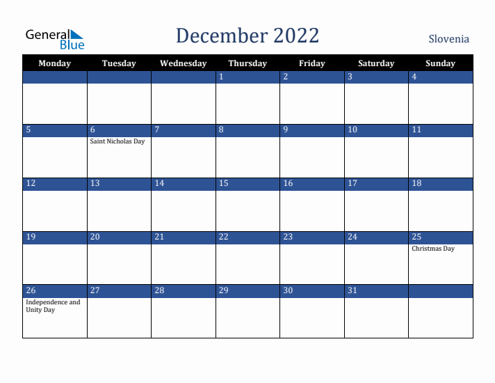 December 2022 Slovenia Calendar (Monday Start)