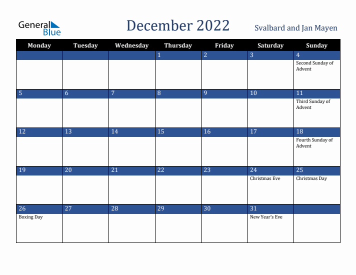 December 2022 Svalbard and Jan Mayen Calendar (Monday Start)