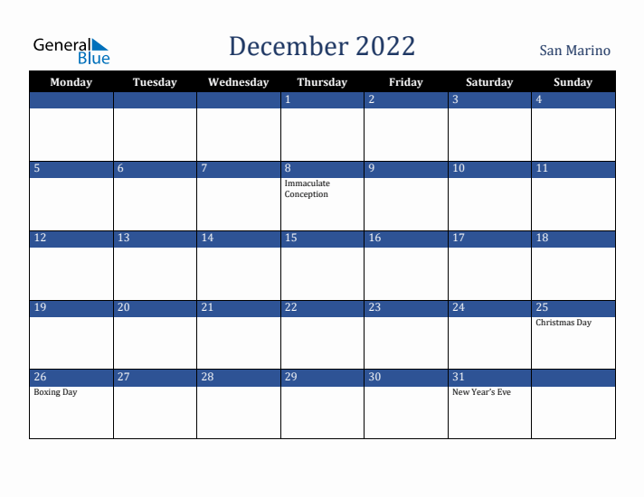 December 2022 San Marino Calendar (Monday Start)