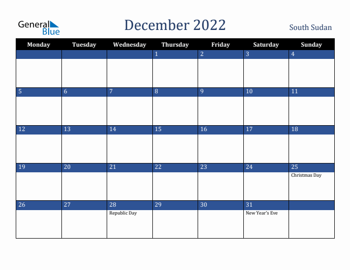 December 2022 South Sudan Calendar (Monday Start)